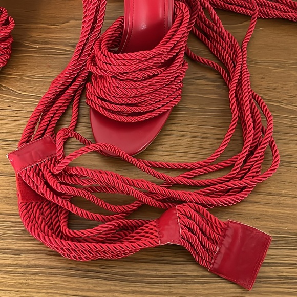 EUC AZALEA WANG Totally Knotted Up Rope Charlene Sandal Heels in Red - Picture 7 of 16